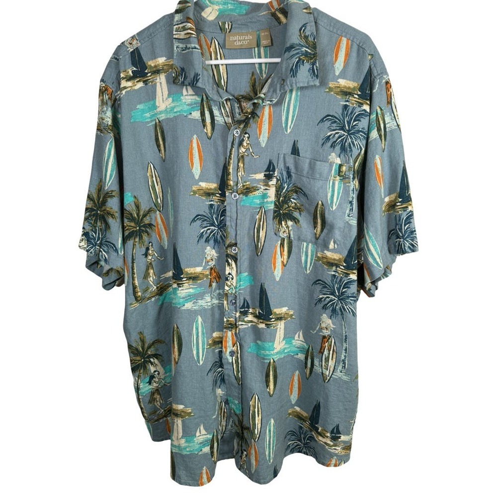 Naturals D&Co Men's Hawaii Surf Print Short Sleeve Button Shirt Linen 2XL Blue
